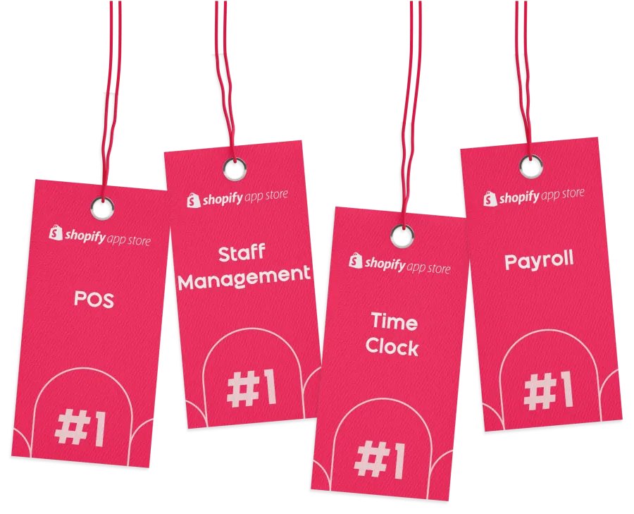Four Shopify App Store tags, each marked #1: POS, Staff Management, Time Clock and Payroll