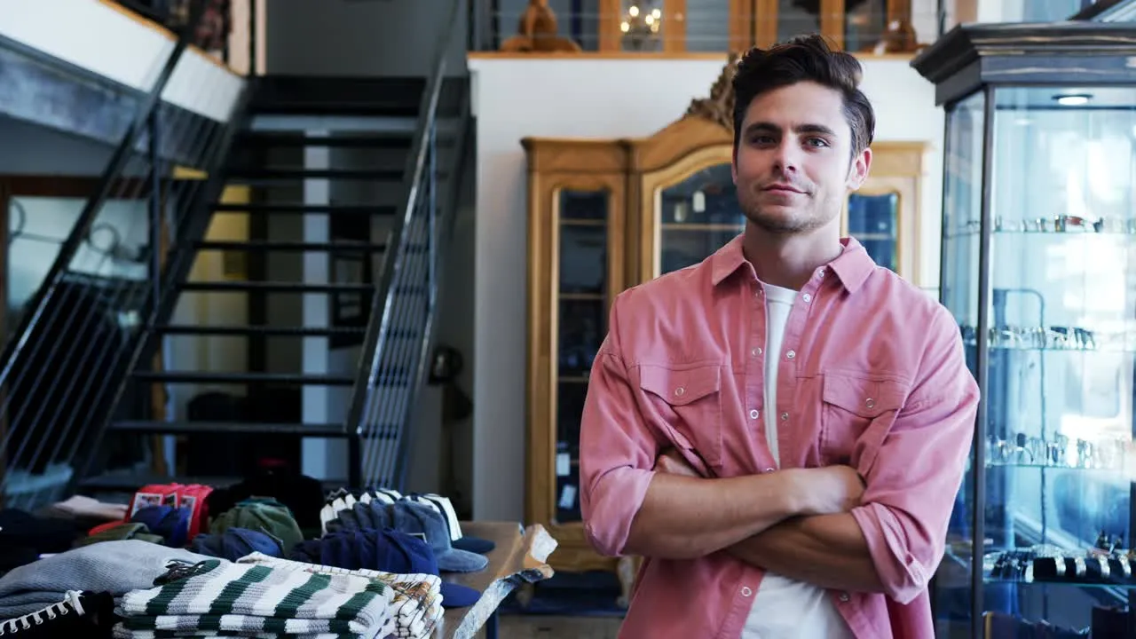 A store owner with his arms crossed in his clothing store